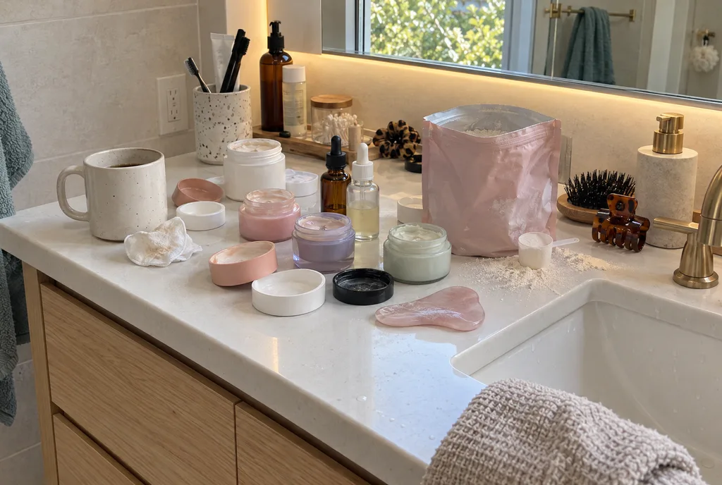 Tocador con cremas a medio usar, sérums, piedra gua sha y colágeno
