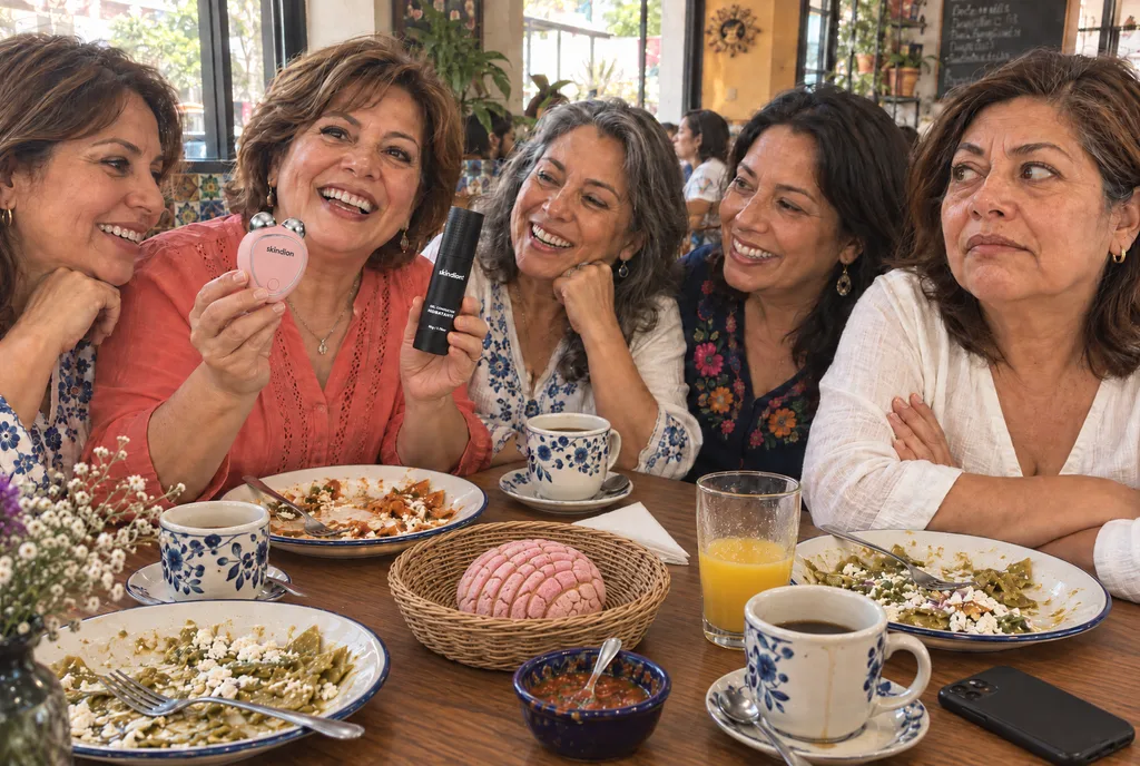 Cinco amigas desayunando chilaquiles mientras Chayo muestra el dispositivo rosa