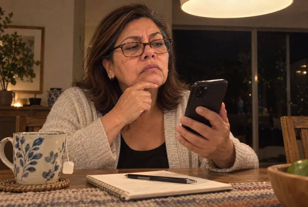 Gloria de noche, con lentes y té, revisando reseñas en el celular