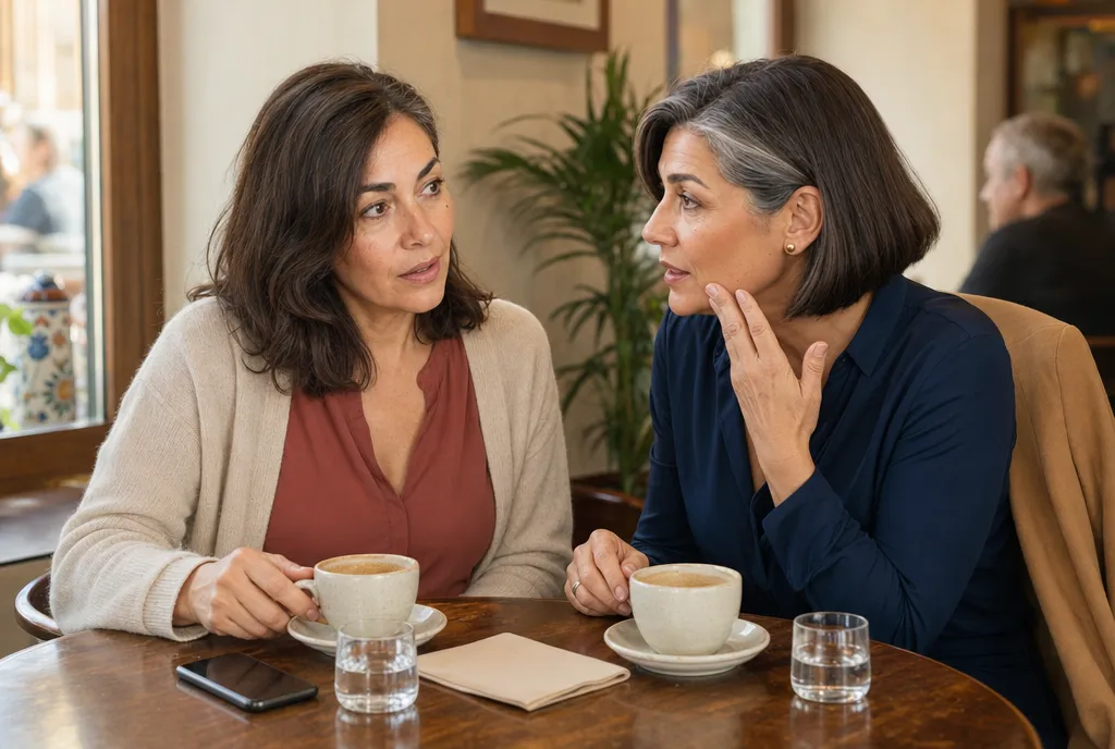 Dos amigas conversando en un café, una inclinada hacia la otra como quien cuenta un secreto