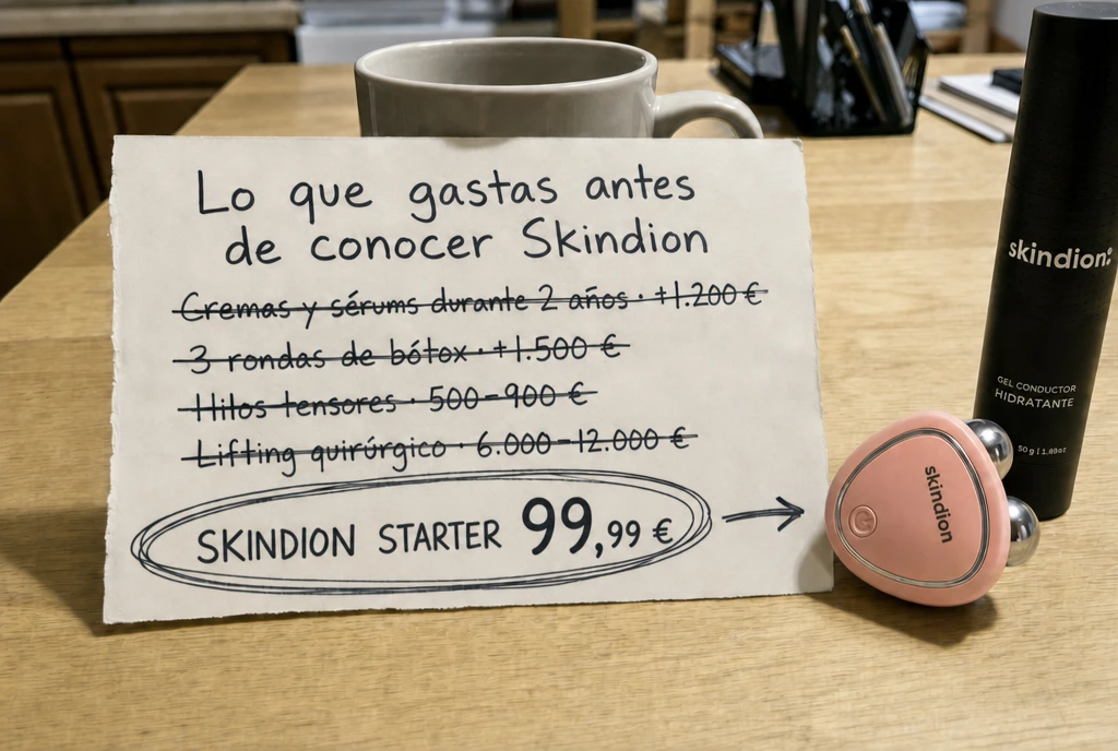 Lo que gastas antes de conocer Skindion, tachado uno a uno, frente al Skindion Starter a 99,99 €